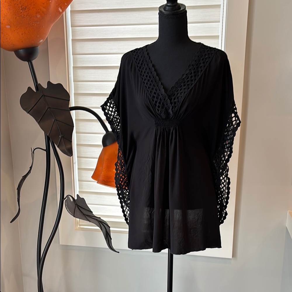 BECCA Black Crochet-Trimmed Swim Cover-up NWT